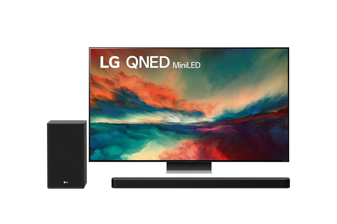 LG Przedsprzedaż promocyjna: telewizor 65” QNED 4K 65QNED863 z soundbarem SP8YA, Widok z przodu telewizora LG QNED z obrazem wypełniającym i logo produktu+widok z przodu z subwooferem, 65Q86RE-SP8.BUNDLE