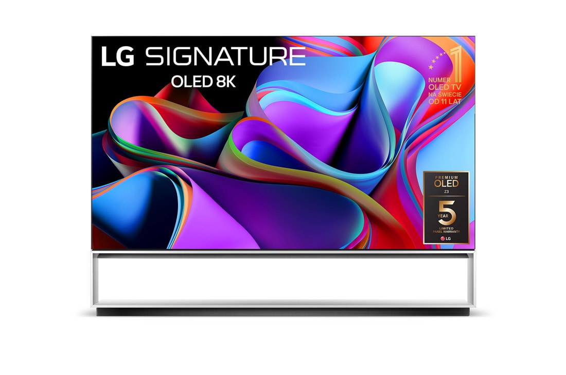 LG Telewizor LG 88” OLED evo 8K Smart TV ze sztuczną inteligencją, 120Hz, OLED88Z3, Widok od przodu telewizora LG OLED 8K evo, napis Od 11 lat telewizor OLED nr 1 na świecie, i logo 5-letniej gwarancji na matrycę, OLED88Z39LA