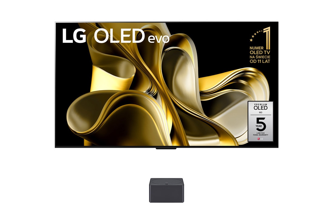 LG Telewizor LG M3 83'' OLED evo 4K Smart TV, 120Hz, OLED83M3, Widok z przodu z telewizorem LG OLED M3 i modułem Zero Connect poniżej, symbol 11 Years World No.1 OLED evo, OLED83M39LA