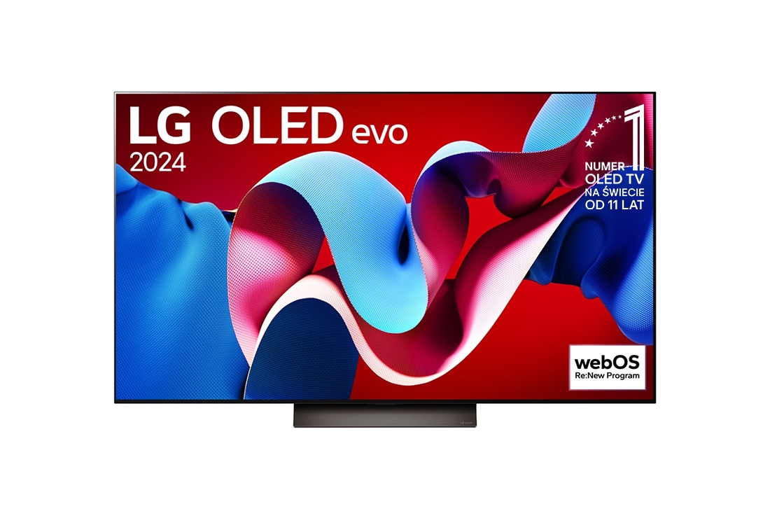 LG 55-calowy LG OLED evo C4 4K Smart TV 2024, Widok z przodu LG OLED evo TV, OLED C4, logo „11 lat LG OLED numerem 1 na świecie” i logo programu webOS Re:New na ekranie, OLED55C45LA