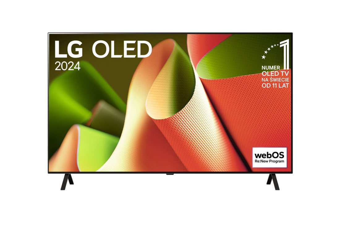 LG 55-calowy LG OLED evo B4 4K Smart TV 2024 , Widok z przodu LG OLED TV, OLED B4, logo emblematu „11 Years of World Number 1 OLED” i logo programu webOS Re:New na ekranie z 2-biegunową podstawką, OLED55B46LA