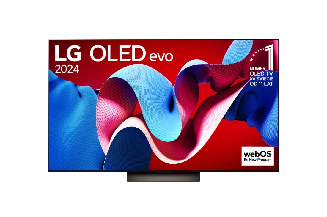 LG 65-calowy LG OLED evo C4 4K Smart TV 2024 , Widok z przodu LG OLED evo TV, OLED C4, logo „11 lat LG OLED numerem 1 na świecie” i logo programu webOS Re:New na ekranie, OLED65C45LA