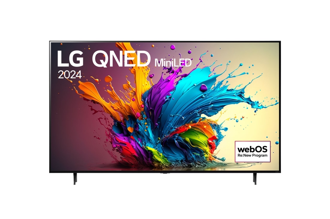 LG 75'' LG QNED MiniLED QNED90 4K Smart TV 2024, Widok z przodu na telewizor LG QNED, QNED90 z tekstem LG QNED MiniLED, 2024 i logo webOS Re:New Program na ekranie, 75QNED91T6A