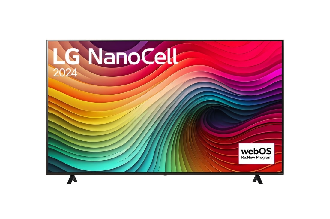 LG 75-calowy LG NanoCell NANO82 4K Smart TV 2024, Widok z przodu na telewizor LG NanoCell, NANO80 z tekstem LG NanoCell, 2024 i logo webOS Re:New Program na ekranie, 75NANO82T6B