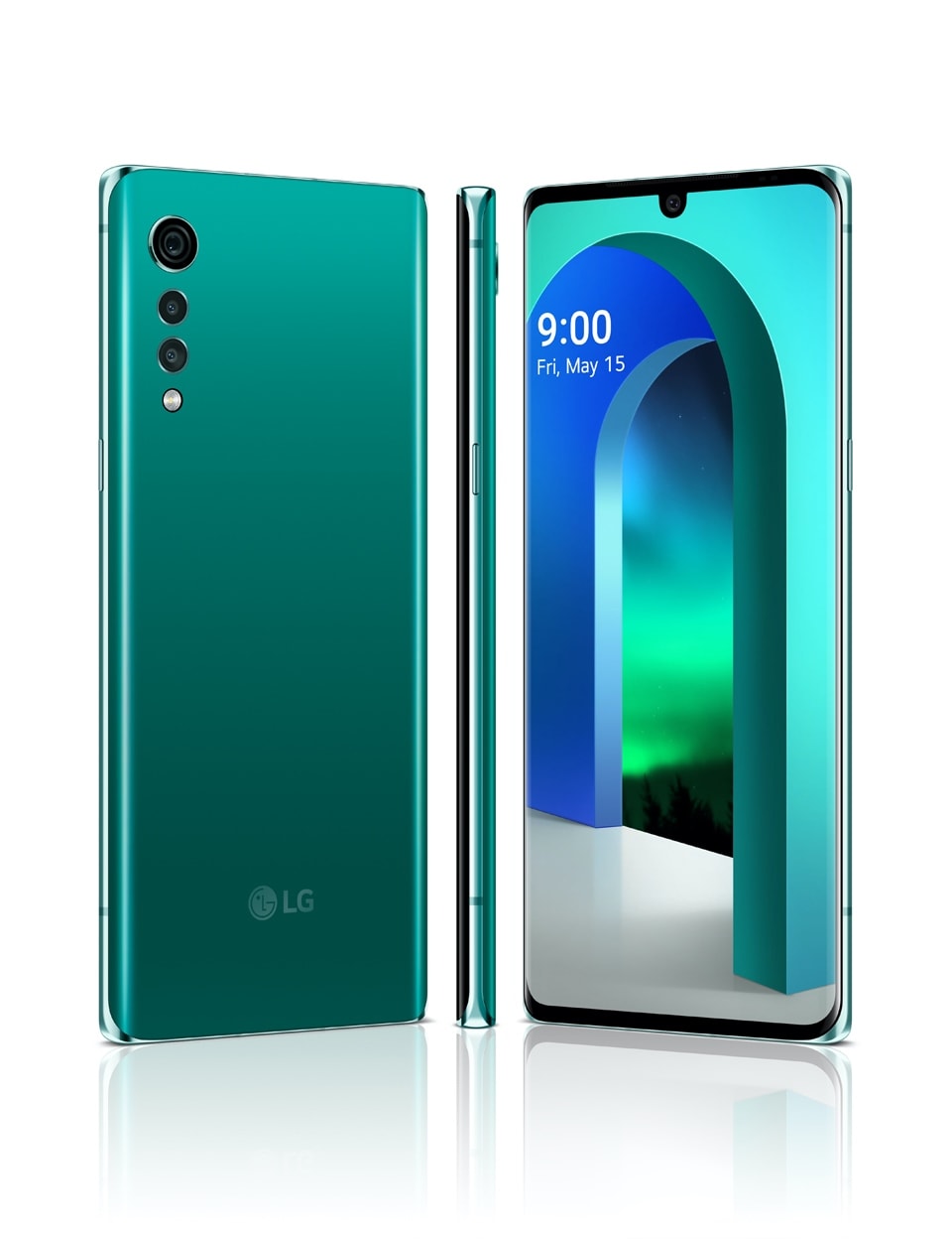 A glam shot of the LG VELVET smartphone in Aurora Green colour