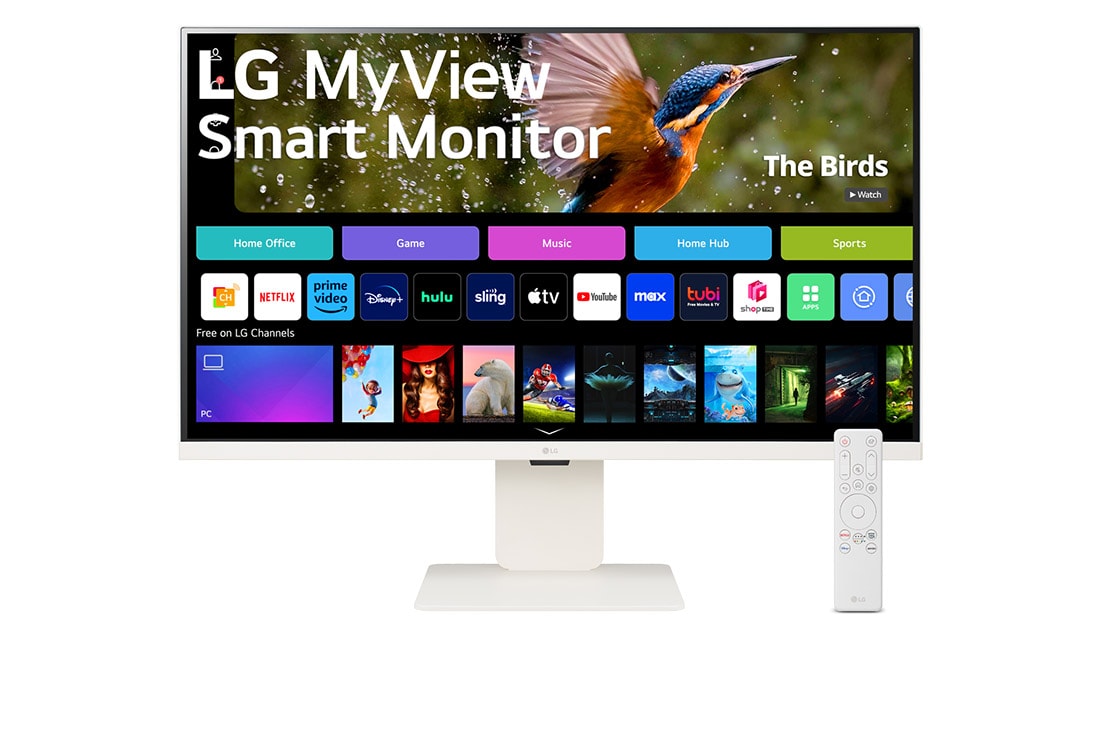 LG MyView 32” 4K UHD IPS Smart Monitor с webOS, вид спереди с веб-камерой и пультом дистанционного управления, 32SR83U-W