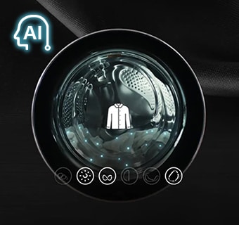 There is a washing machine door. There is a laundry inside the door and a shirt icon above it.