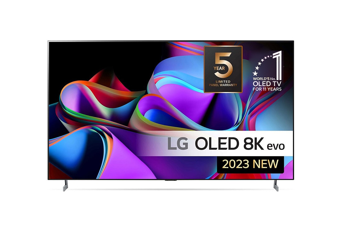 LG 77'' OLED evo Z3 - 8K TV (2023), Vy framifrån med LG OLED 8K evo, logotypen för 11 Years World No.1 OLED, och logotypen för 5 års panelgaranti är på skärmen., OLED77Z39LA