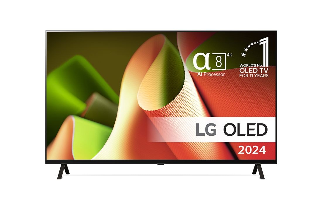 LG 55'' LG OLED B4 4K Smart TV 2024, Vy framifrån med LG OLED TV, OLED B4, 11 Years of world number 1 OLED Emblem och alpha 8 4K AI processor logotyp., OLED55B46LA