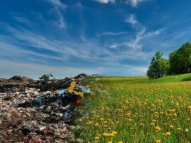Bild av två kontrasterande scener: textil deponi och fält med blommor.