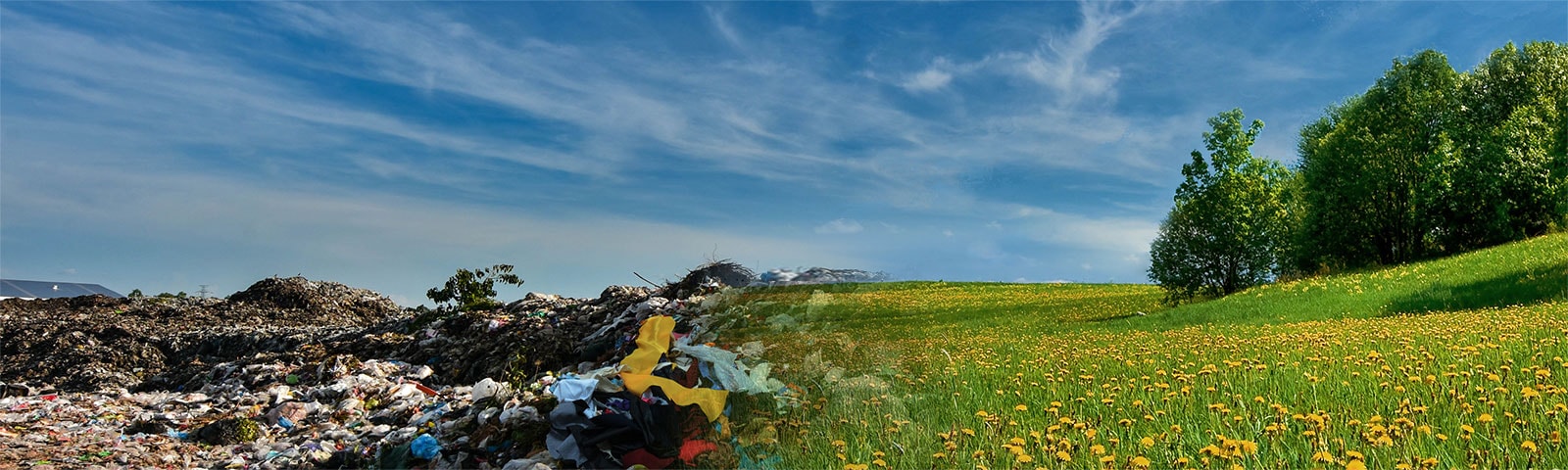 Bild av två kontrasterande scener: textil deponi och fält med blommor.