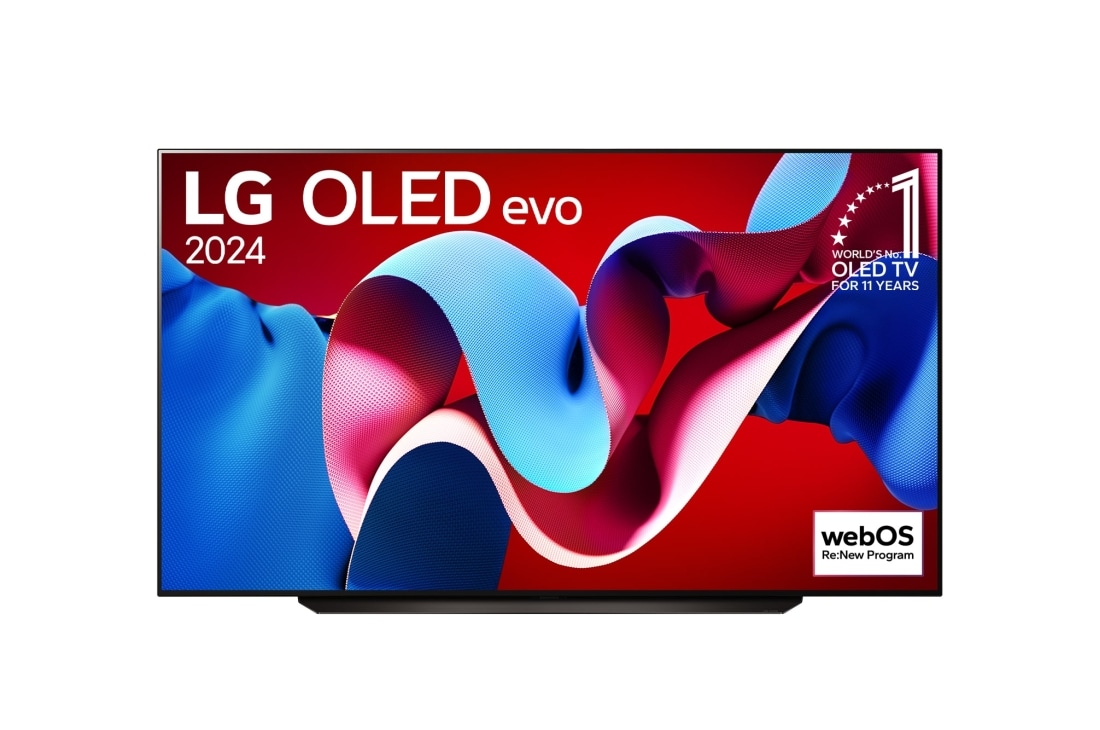 LG 83-palcový LG OLED evo C4 4K Smart TV OLED83C4, Pohľad spredu s televízorom LG OLED TV, OLED C4, emblémom 11 rokov svetovej jednotky OLED a logom webOS Re:New Program na obrazovke so stojanom s dvomi nohami, OLED83C44LA