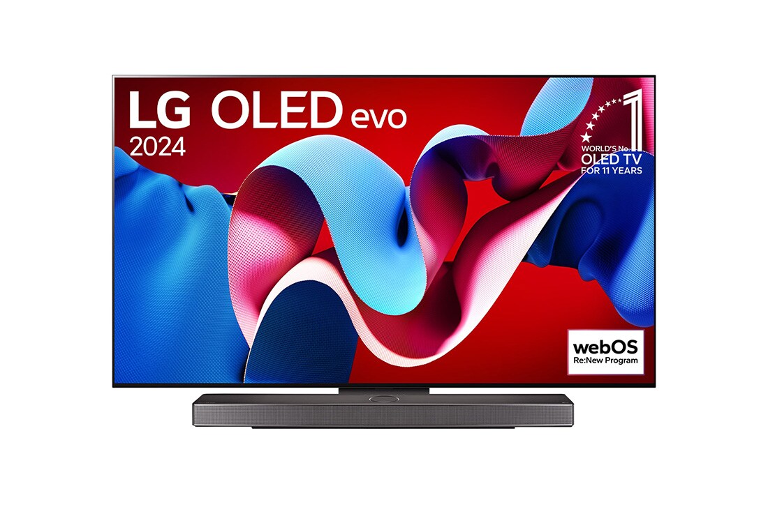 LG 65-palcový LG OLED evo C4 4K Smart TV OLED65C4, Pohľad spredu s televízorom LG OLED evo, OLED C4, logom 11 rokov svetovej jednotky OLED Emblem a logom webOS Re:New Program na obrazovke, ako aj so Soundbarom pod televízorom, OLED65C45LA