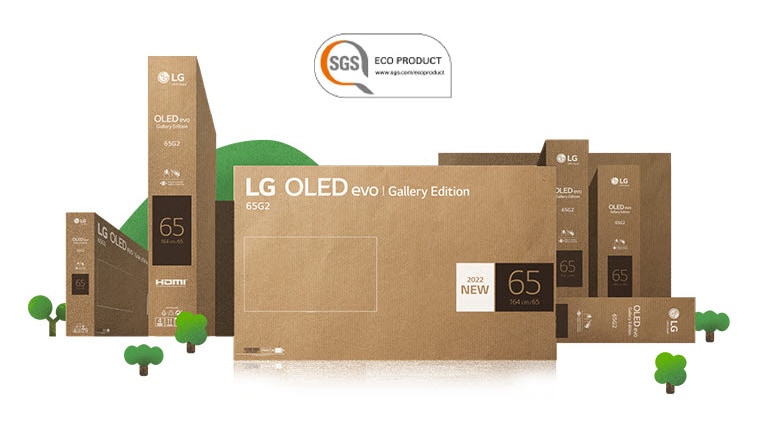 Emballage écologique en carton LG OLED représenté autour d’arbres et de montagnes animés.