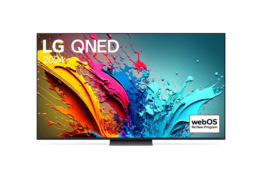 LG 65吋/ LG QNED 量子奈米 4K AI 語音物聯網 86 系列 (可壁掛)/2024, LG QNED 電視 QNED86 的前視圖，螢幕上有一段文字，展示着 LG QNED、2024 和 webOS Re:New Program 的標誌。, 65QNED86TTA