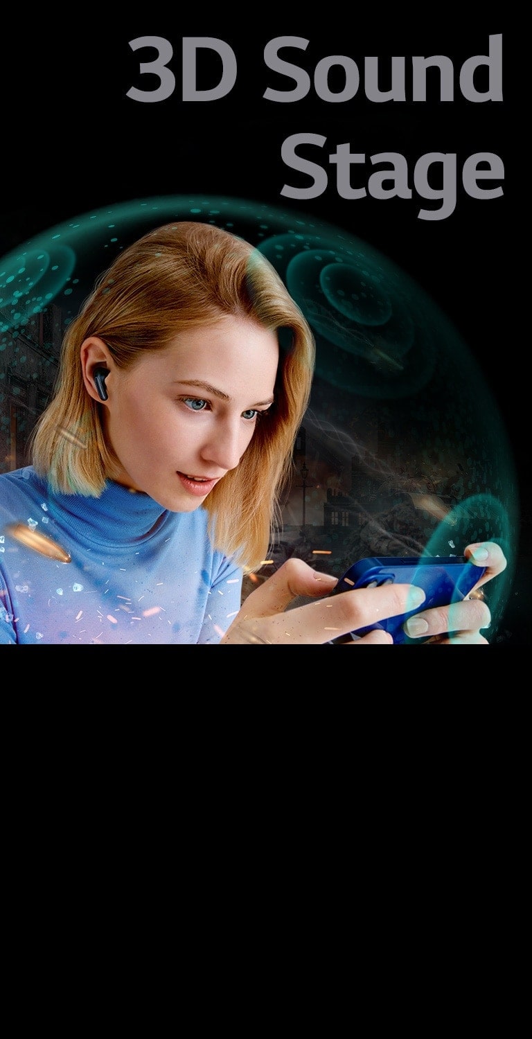 Жінку, яка дивиться фільм на телефоні в навушниках TONE Free, оточує прозорий бар’єр, а над ним — текст 3D Sound Stage.