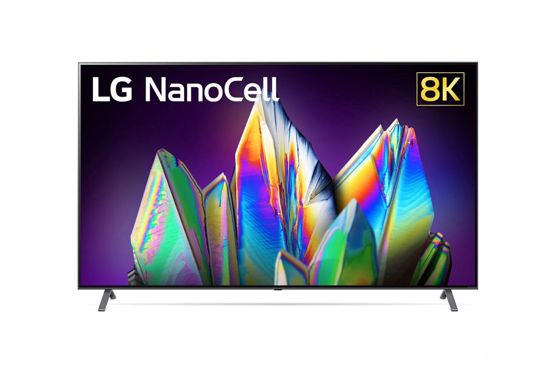 LG Телевізор LG NanoCell 75NANO996NA з технологією Real 8K та штучним інтелектом ThinQ, вид спереду із заливним зображенням та логотипом, 75NANO996NA