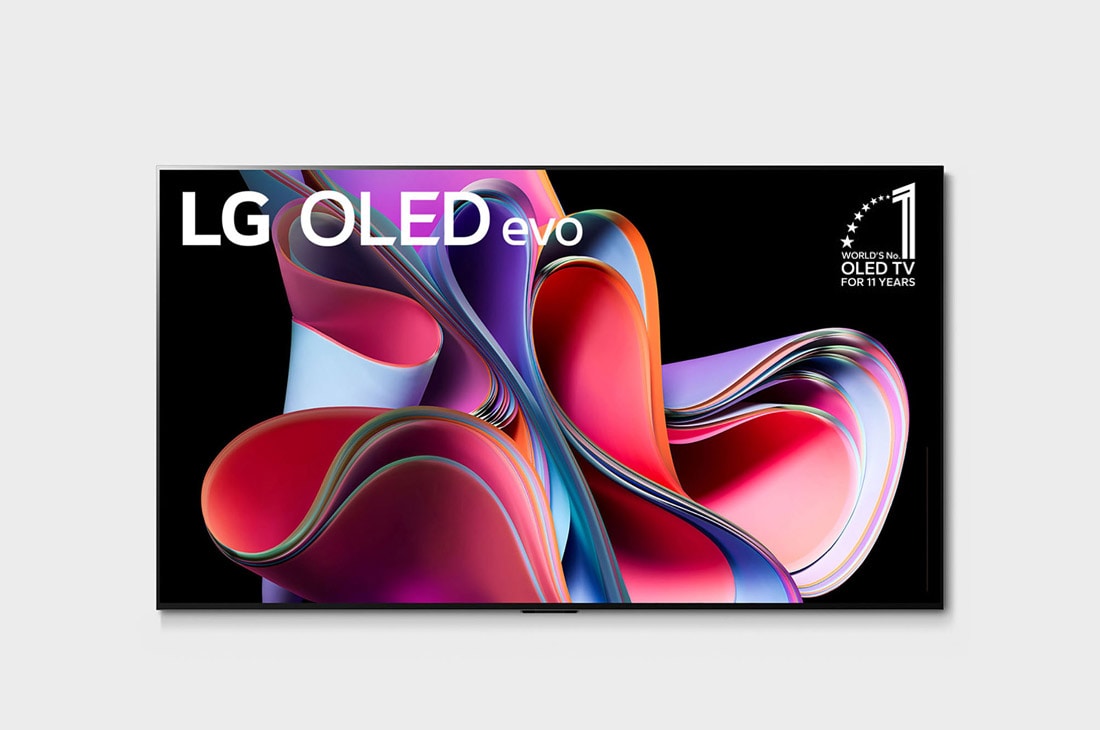 LG Телевізор LG OLED evo G3 | 65 дюймів | 4K | 2023, Огляд телевізора LG OLED evo спереду з емблемою «Найкращий OLED-телевізор у світі протягом 11 років» і логотипом «5 років гарантії на панель» на екрані, OLED65G36LA