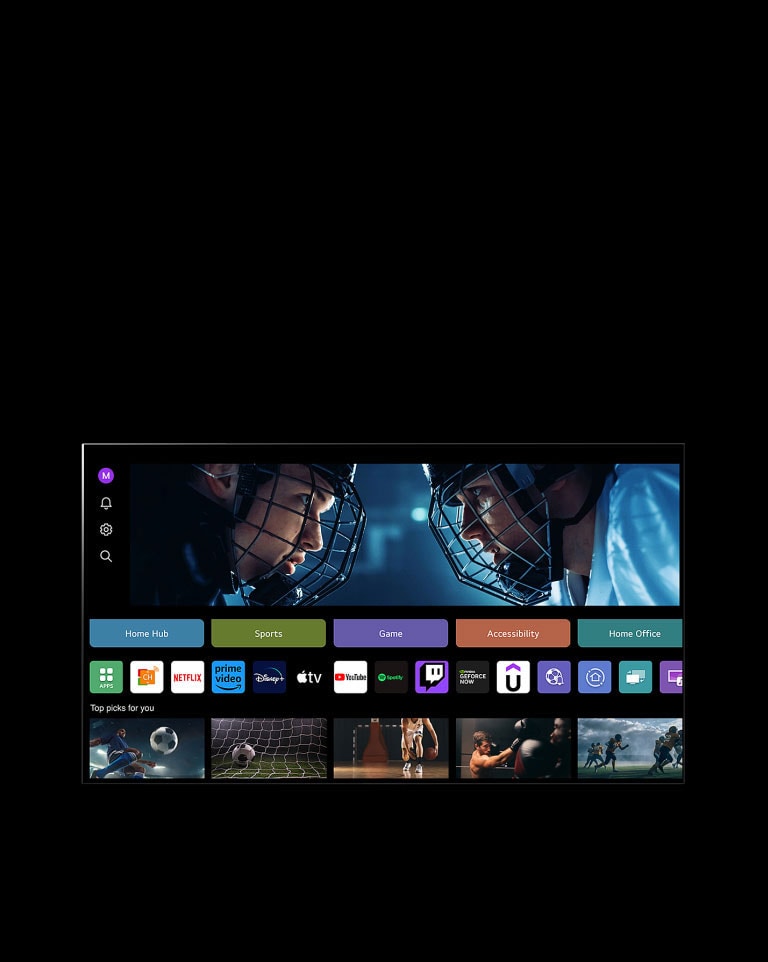 Màn hình TV LG hiển thị màn hình Hồ sơ của tôi. Ở vị trí thứ ba trên cùng, một biểu ngữ cho Những điều kỳ diệu hữu hình. Bên dưới biểu ngữ, các nút sau được hiển thị: Home Hub, Sports, Game, Accessibility, Home Office. Bên dưới các nút, các logo sau được hiển thị: LG Channels, Netflix, Prime Video, Disney+, Apple TV, YouTube, Spotify, Twitch, GeForce Now và Udemy. Bên dưới các logo, 5 hình thu nhỏ của phim được hiển thị dưới dòng chữ "Những lựa chọn hàng đầu dành cho bạn". Con trỏ nhấp vào chữ 'S' ban đầu ở góc trên cùng bên trái. Menu thả xuống Tài khoản LG sẽ mở ra và năm tên được hiển thị. Con trỏ nhấp vào tên thứ hai dưới dạng hình thu nhỏ và nội dung được đề xuất khi thay đổi màn hình.
