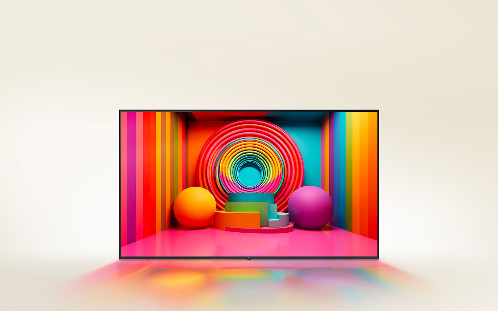 Một đường hầm hình vuông, màu sắc rực rỡ, thu hẹp dần về phía sau, hiển thị trên TV LG.