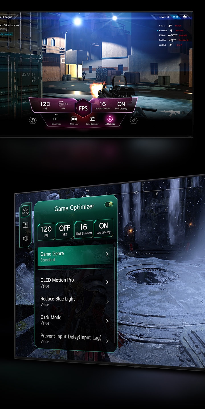 Cảnh chơi trò chơi FPS với Bảng điều khiển trò chơi xuất hiện trên màn hình trong khi chơi trò chơi. Một khung cảnh mùa đông tối tăm với menu Game Optimizer xuất hiện trên trò chơi.
