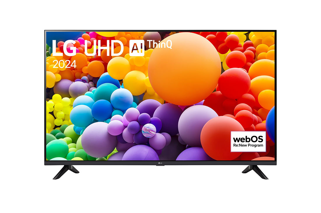 LG 65 Inch LG UHD UT73 4K Smart TV 2024, Front view of LG UHD TV, UT73 with text of LG UHD AI ThinQ, 2024, and webOS Re:New Program logo on screen, 65UT7350PSB
