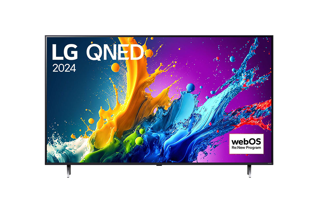 LG TV LG QNED 86 inch 86QNED80TSA, Mặt trước của TV LG QNED, QNED80 với dòng chữ của LG QNED MiniLED, 2024 và logo webOS Re:New Program trên màn hình, 86QNED80TSA