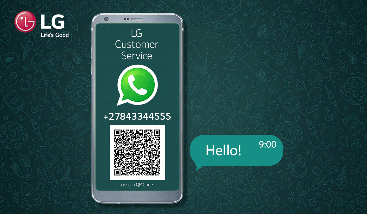 LG Customer Service '+27 84 33 44 555' or scan QR Code. Hello! How can we help you today? Feel free to share your inquires, images, audio or PDF.