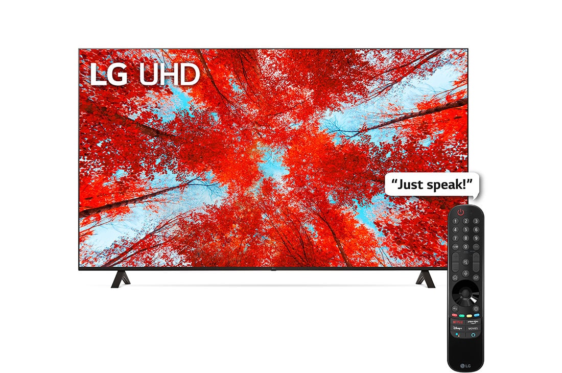 LG 75'' Q90006 Series 4K UHD ThinQ Smart TV (2022), A front view of the LG UHD TV with infill image and product logo on and Remote, 75UQ90006LC