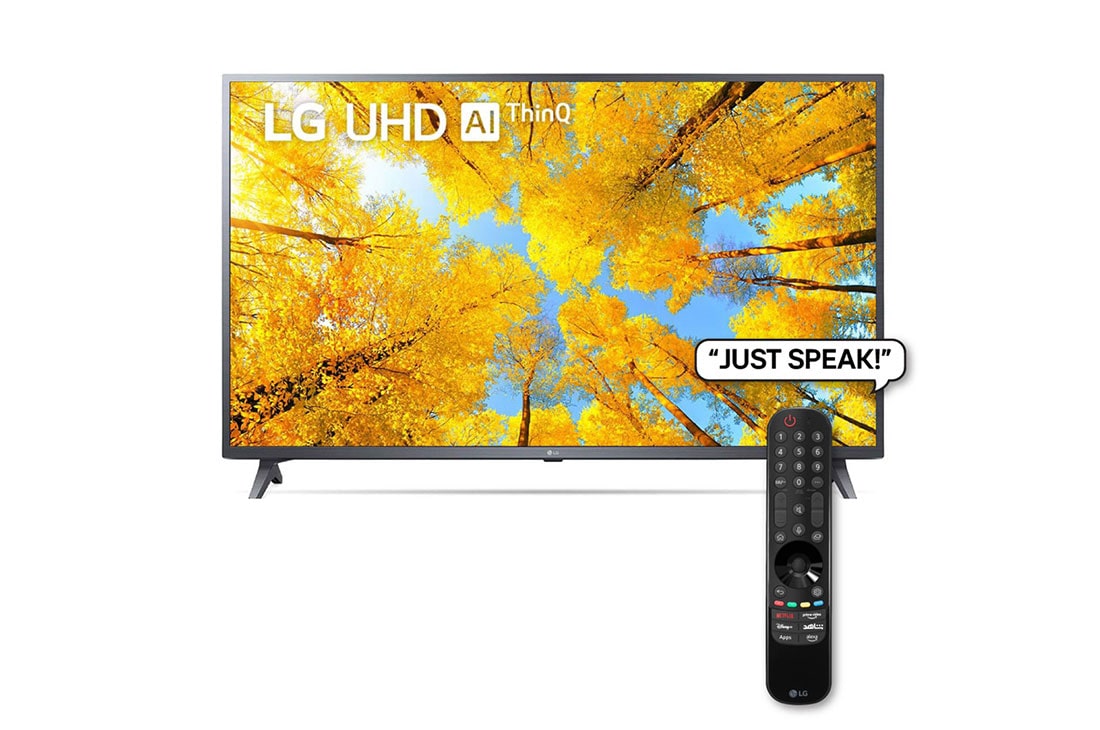 LG 4K UHD 55'' ThinQ Smart TV with Magic Remote, HDR & webOS, A front view of the LG UHD TV with infill image and product logo on, 55UQ75001LG
